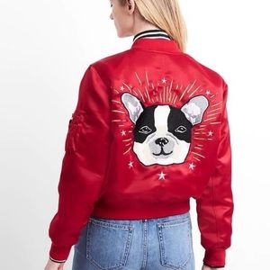 Gap Jacket Dog Embroidered Red Satin Bomber Full Zip Jacket Size XS New